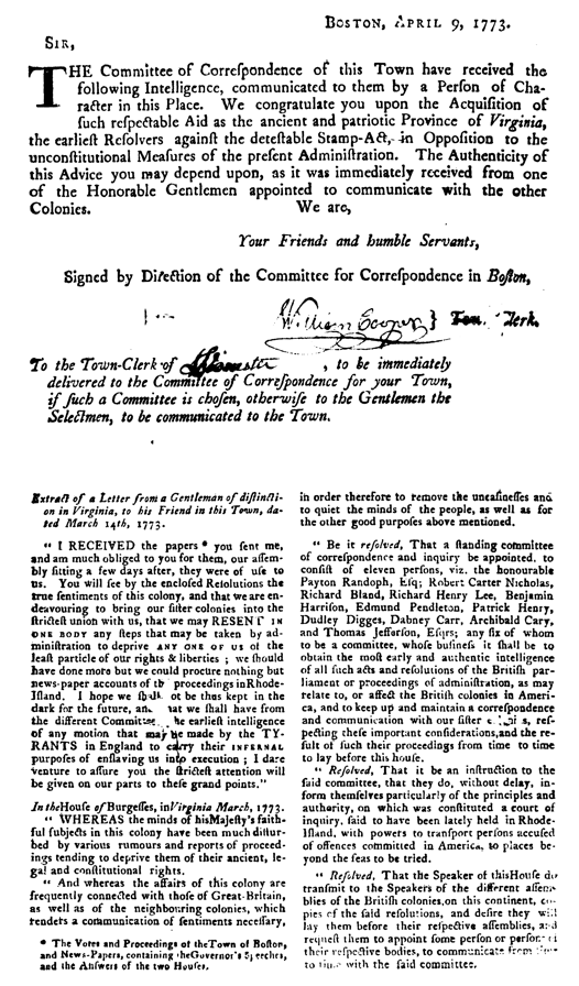 Boston Committee of Correspondence broadside of the Resolves of the House of Burgesses Instituting the Virginia Committee of Correspondence